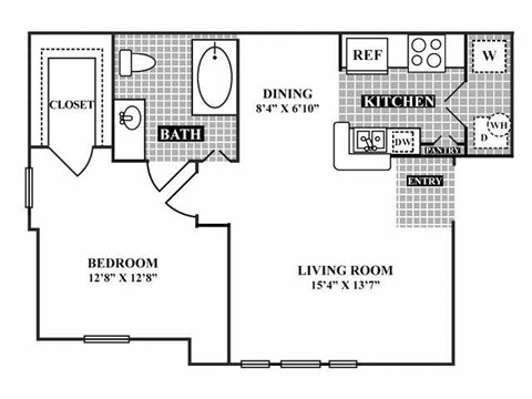 A floor plan of a living space with a bedroom, dining area, kitchen, and bathroom.